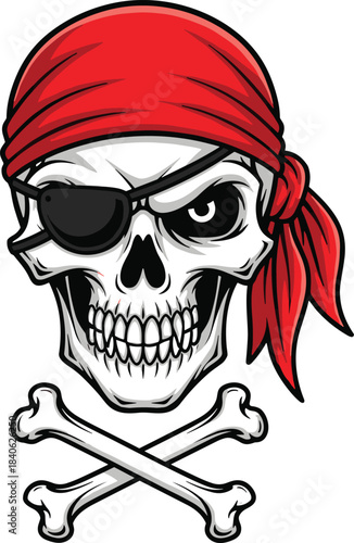 Pirate skull with red bandana, black eye patch, crossed bones, menacing grin, bold cartoon style, flat vector illustration