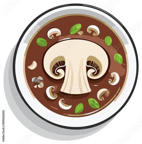 Delicious mushroom soup with fresh basil leaves in a white bowl