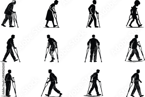 Vector collection of Walking with Crutch Silhouette | Black & White Minimal Vector Figure I Crutch Walking Figure Vector | Inclusive Accessibility Symbol Design