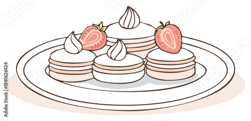 Stack of Creamy Cakes with Fresh Strawberry Halves on a White Plate