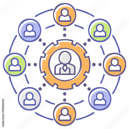 Central leader in gear connecting diverse team members in a network structure