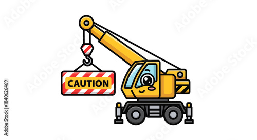 Cheerful Construction Crane Cartoon Delivering a Caution Signal in Vector Illustration