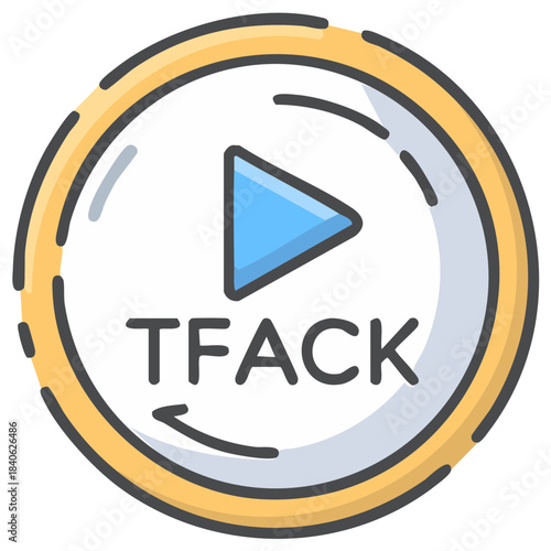 Play button icon with circular arrow and text TFACK within a golden ring