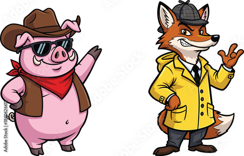 Cartoon pig cowboy and fox detective, animal characters in costumes, playful storytelling scene, anthropomorphic duo, flat vector illustration