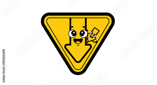 Cheerful Downward Arrow Caution Sign with Smiling Faces Displaying Happy Attitudes and Designs