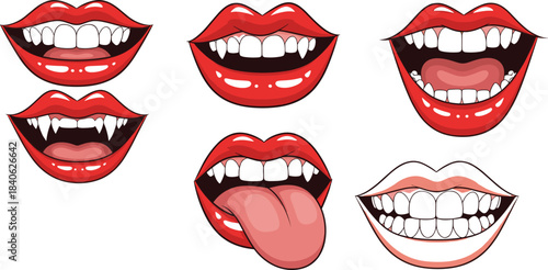 Cartoon mouth expressions, vampire fangs, tongue out, smiling lips, open mouth, funny teeth, emotive lips, flat vector illustration