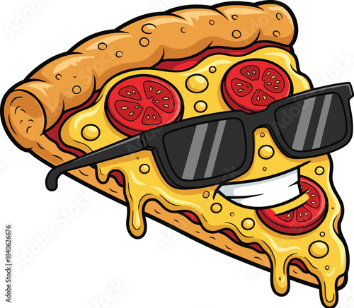 Cartoon pizza slice with sunglasses, smiling face, melted cheese, tomato topping, fun food character, flat vector illustration