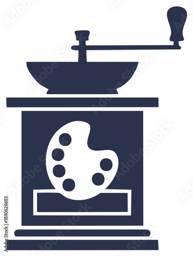 Vintage coffee grinder with artist's palette inside illustration