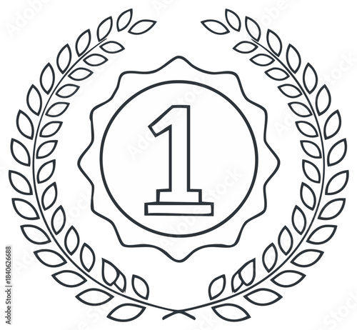 First place medal award with laurel wreath vector line art icon for winner and champion