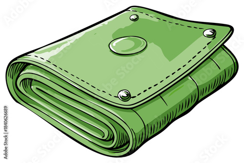 Thick green wallet illustration in a cartoon style showing a full billfold for personal finance and money concepts