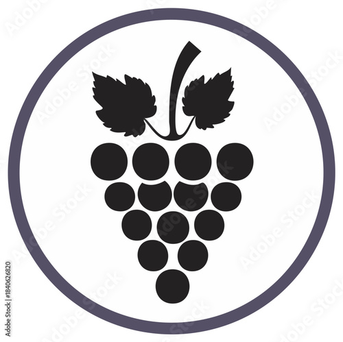 Stylized grape bunch icon in a circle frame, featuring abstract leaves and grape berries for a simple and modern design