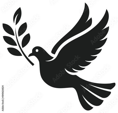Flying dove of peace with olive branch black silhouette vector icon