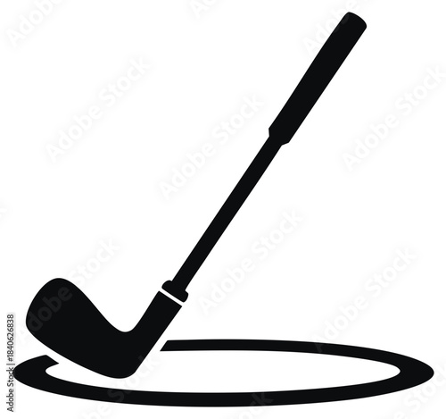 Minimalist black silhouette of golf club striking target circle, perfect for sports design