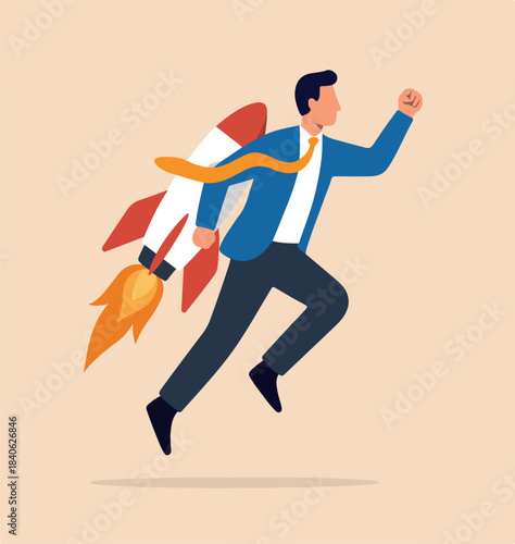 Business takeoff, start new job or boost growing speed to success, ambition, leadership or innovation for advantage concept, businessman with rocket booster takeoff fast flying to new challenge.