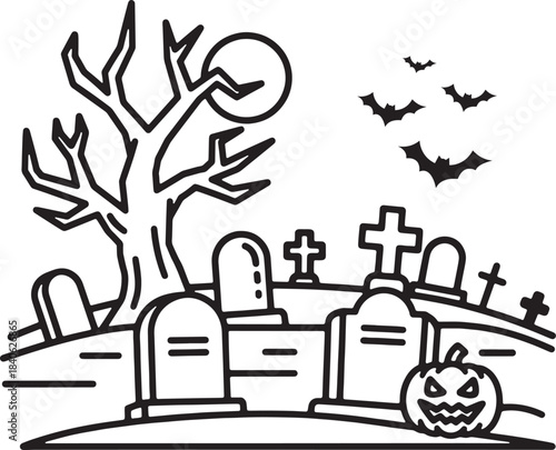 Halloween graveyard pumpkin jack o lantern bat scary tree grave icon logo vector silhouette symbol sign bold line art spooky holiday carving graphic design