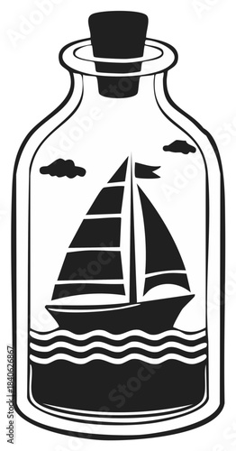 Classic sailboat silhouette inside a glass bottle with waves and clouds illustration