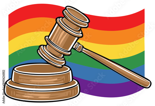 LGBTQ Rights and Justice Concept with Judge Gavel and Rainbow Pride Flag