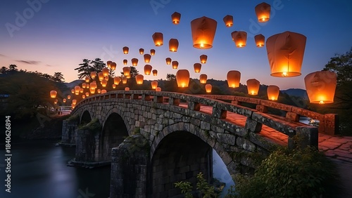 Serene Nighttime Scene with Floating Lanterns Over an Ancient Stone Bridge at Dusk