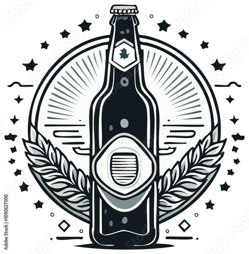 Detailed Craft Beer Bottle with Laurels and Stars in Line Art Style - Vector Graphic