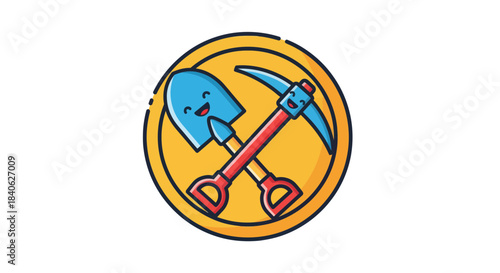 Cheerful Mining Emblem Depicting Shovel and Pickaxe with Expressive Smiling Faces