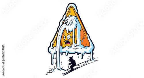 Cartoonish Snow Avalanche Warning Sign Featuring a Terrified Face and a Skier