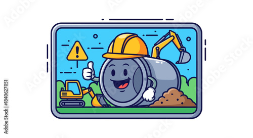 Cheerful Pipe Cartoon Character with Construction Equipment and Safety Symbols