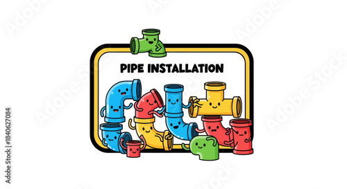Cheerful Plumbing Installation Illustration Showcasing Playful Pipe Components And Design