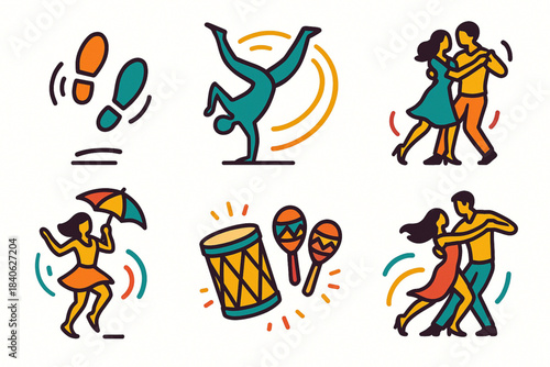 Brazilian dance vector icon set with samba capoeira forró frevo maracatu and lambada