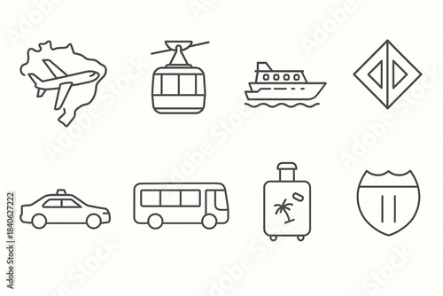 Brazilian travel and transportation vector icon set with airplane cable car river boat metro taxi bus and luggage