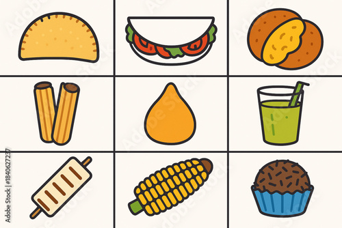 Brazilian street food vector grid with pastel tapioca acarajé churros coxinha sugarcane cheese corn and brigadeiro