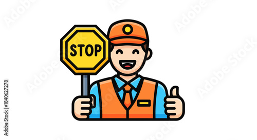 Cheerful Traffic Controller Holding Stop Sign with a Thumbs Up Gesturing Positive Behavior