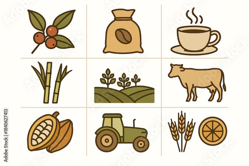 Brazilian agriculture and coffee culture vector grid with crops cattle cacao tractor and citrus