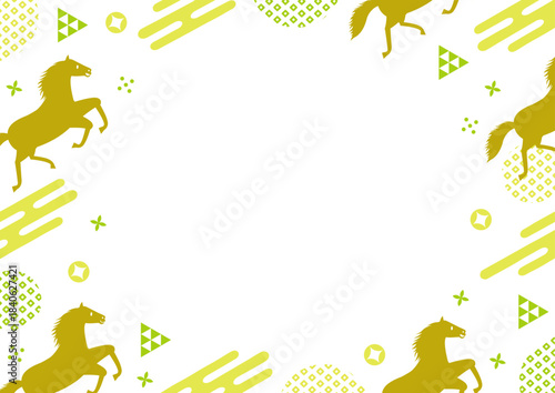 午年をイメージした馬と和柄のPOPなフレーム_白背景_緑
