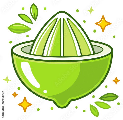 Stylized green citrus squeezer illustration with a cut lime top, fresh leaves, and sparkling accents