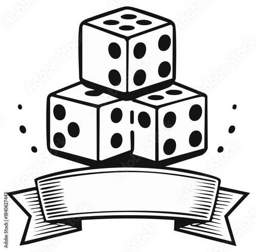 Vintage illustration of three stacked gambling dice with a blank ribbon banner