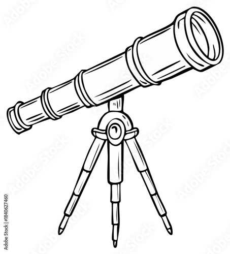 Whimsical cartoon outline telescope on tripod for astronomy stargazing science and cosmic exploration
