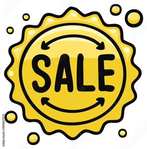 Vibrant yellow sun-shaped sale badge with arrows for retail promotions and discounts