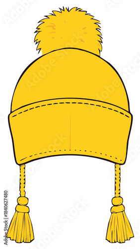 Bright yellow winter hat with pompom and ear flaps cold weather clothing illustration