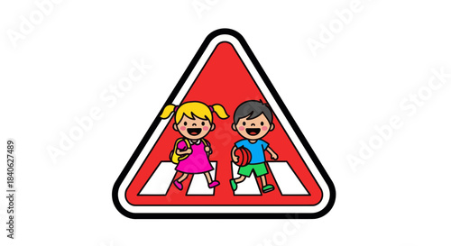Children Crossing Street Illustrated in Bright Colors and Safe Iconography