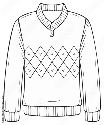 Hand Drawn Sweater with Argyle Pattern, Collared Neckline, Ribbed Hem and Cuffs in Isolated Vector