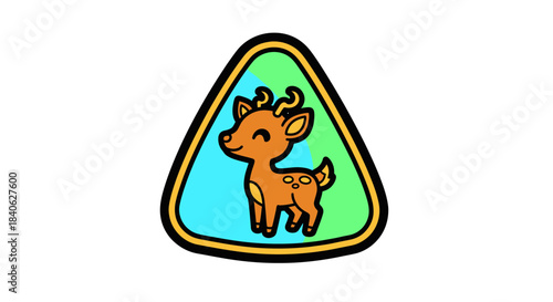 Charming Fawn In Triangle Emblem, Bright Colors, Cute Illustration On White Background