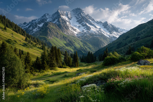 Alpine meadow in Austria with wildflowers and snow-capped mountain peaks at golden hour