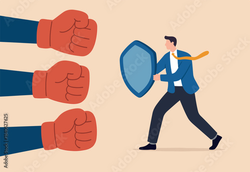 Business threat, fight to survive in business competition, resilience or adversity, challenge or survive to win, courage fighter concept, businessman hold shield to fight with multiple fighter punch