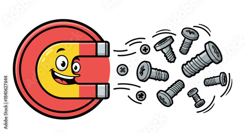 Charming Magnetic Force Illustration Attracting Screws, Simple and Engaging Cartoon Graphic