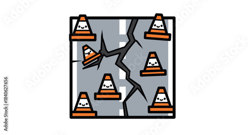 Charming Road Hazard Illustration: Adorable Cones Highlighting a Damaged Surface