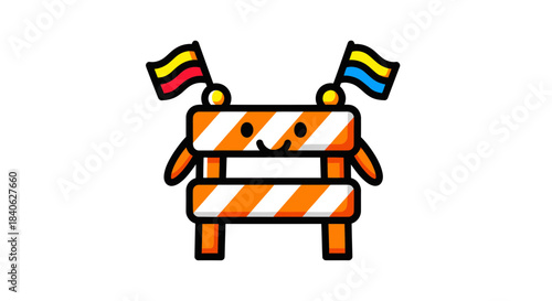 Charming Road Barrier Cartoon Character With Smiling Face And Flags Design