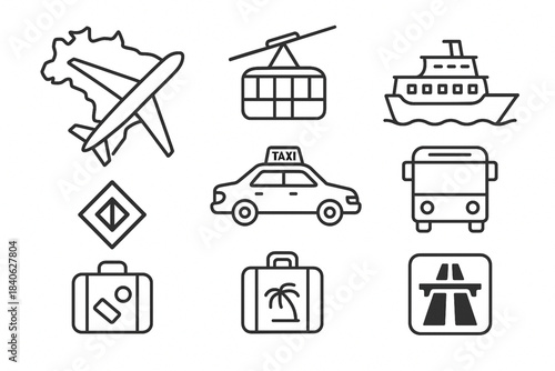 Brazilian travel and transportation vector icon set with airplane cable car river boat metro taxi bus and luggage