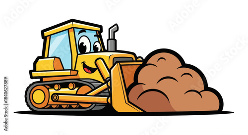 Cheerful Bulldozer Illustration: A Happy Yellow Construction Vehicle, Ready for Work
