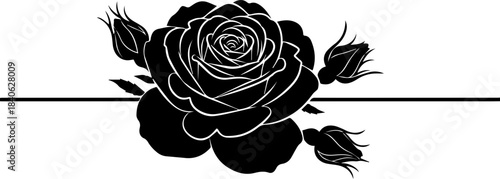 Elegant black rose with buds and a horizontal line in a minimalist monochrome vector illustration style