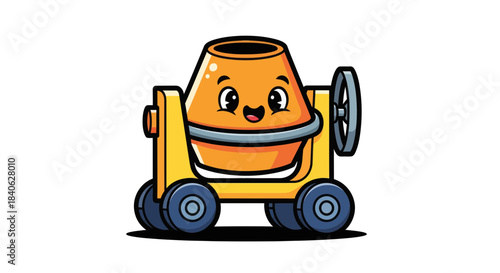 Cheerful Cement Mixer Character Depicted With A Happy Face And Wheelbarrow Style